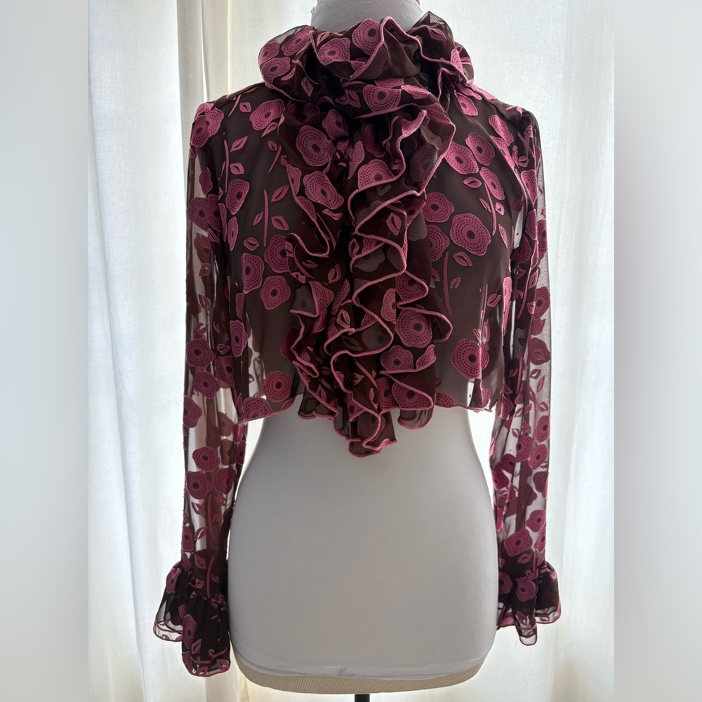 Anna Sui Ruffled Floral Blouse - Pink and Brown